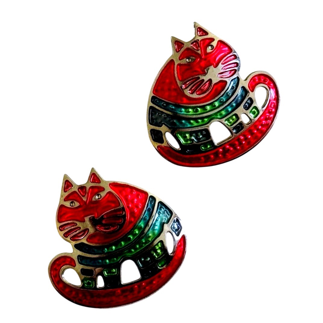 Berebi Cat Earrings Vtg Pierced Rare Drop Statement Pink Enamel Chunky Flashy 22$